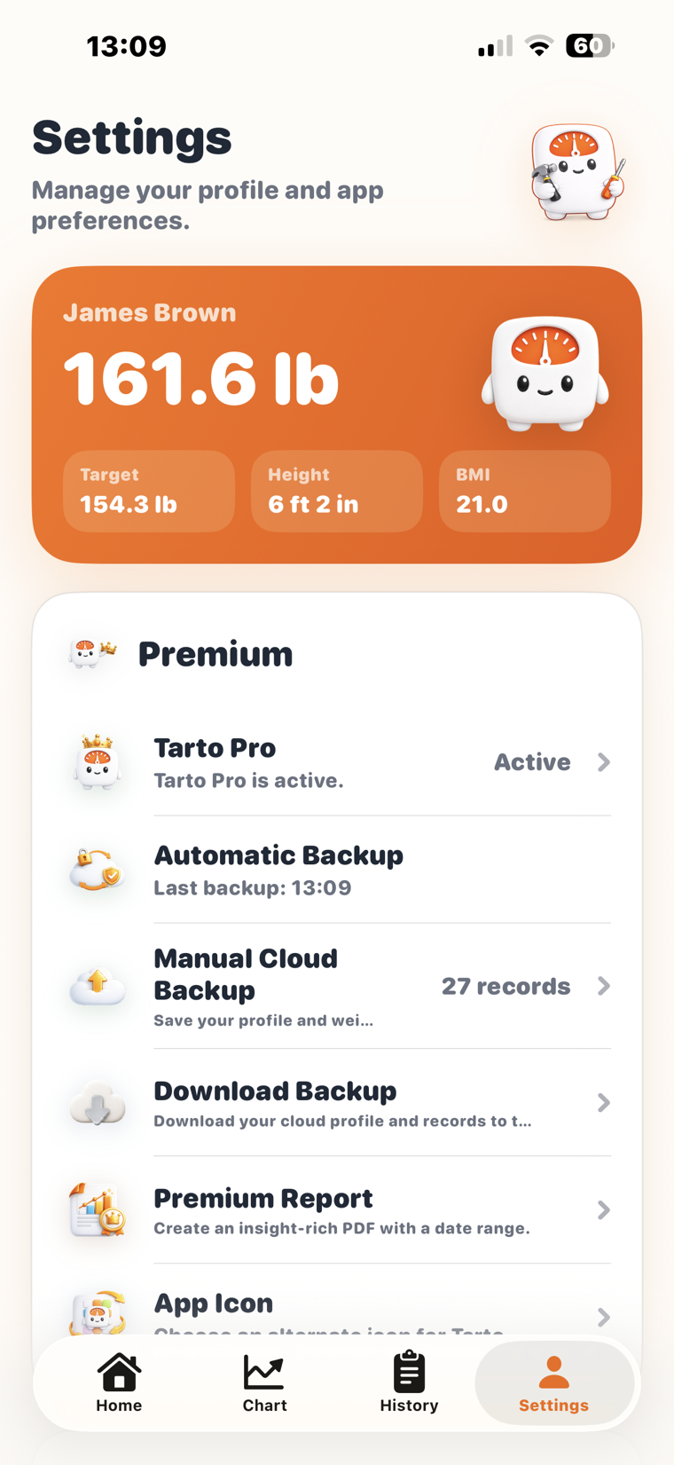 Tarto premium settings screen